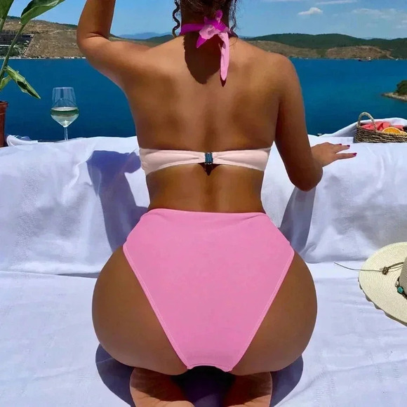 Pink Sexy Women's Beach Colorblock Cut-Out Halter One Piece Swimsuit - Picture 2 of 7